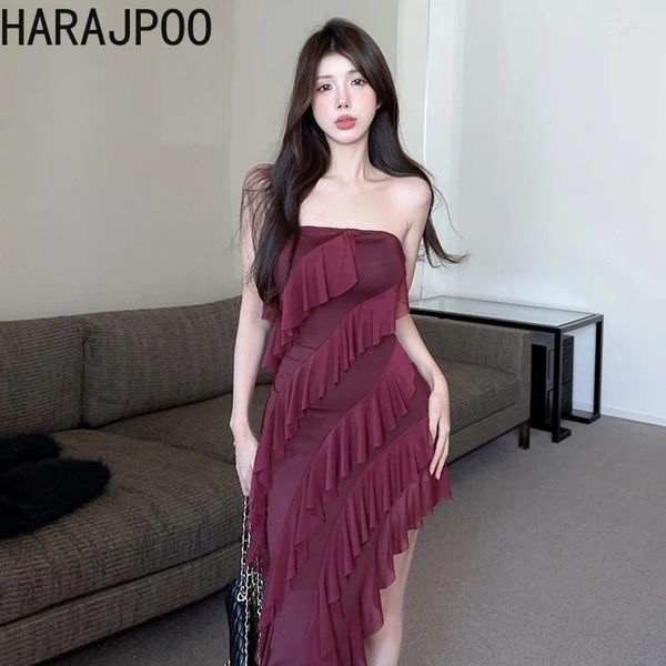 Vestidos de festa harajpoo coreano 2024 sexy um ombro strapless vestido irregular alta fenda exposta pernas magro ajuste banquete senhora vestidos