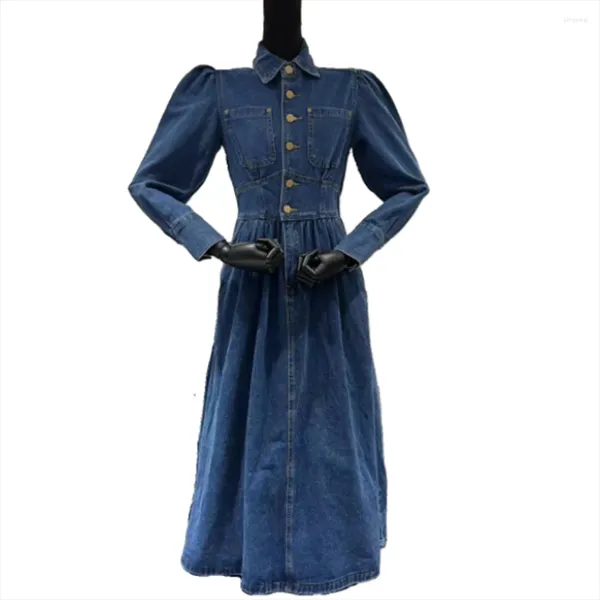 Casual Kleider Frühling 2024 Elegante Aline Vintage Revers Blase Hülse Stil Taille Schlank Denim Kleid Frauen