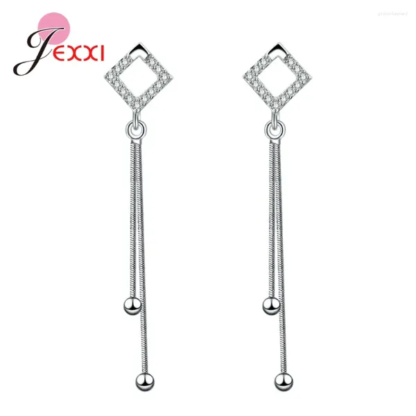 Brincos pendurados estilo moda 925 prata esterlina bonito cristal quadrado design contas sólidas gota longa para mulheres