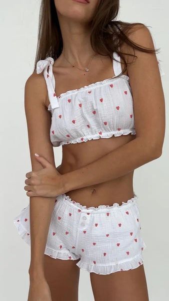 Casa roupas femininas shorts de verão em forma de coração impresso rendas até camuflagem topo curto com botão branco pijamas conjunto rua wear