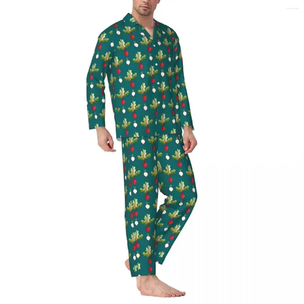 Startseite Bekleidung Radieschen-Pyjamas für Herren, niedlicher Gemüsedruck, Kawaii, Freizeit-Nachtwäsche, Herbst, 2-teilige Retro-Pyjama-Sets mit übergroßer Grafik