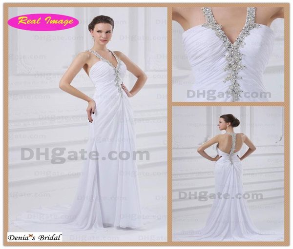 2015 Summer Beach Halter Abiti da sposa In rilievo Applicazioni di pizzo Sweep Train Abiti da sposa in chiffon dhyz 016042200