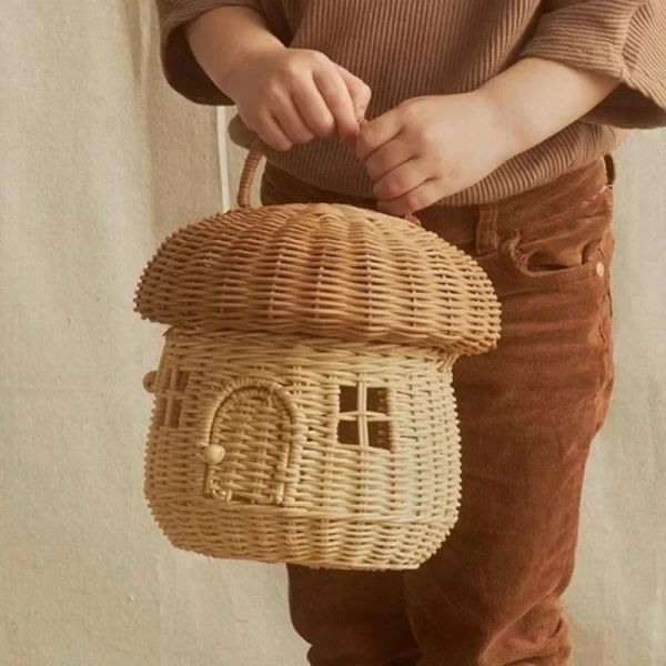 Cestas feitas à mão em formato de cogumelo, cesta decorativa de rattan, decoração de quarto de meninas, cesta de piquenique para crianças, adereços de fotografia