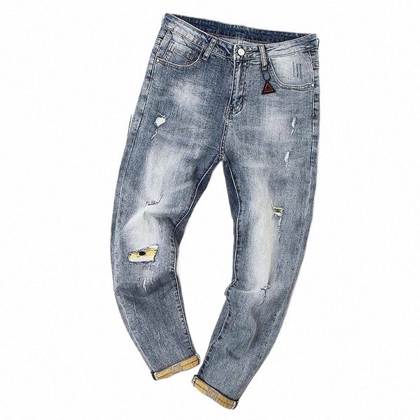 Frühling Sommer Mi Slim Vintage Kleidung Männer Street Wear Star Ripped Loch Patch Denim Punk Cargo Jeans Mann Cowboy Hosen L5oL #