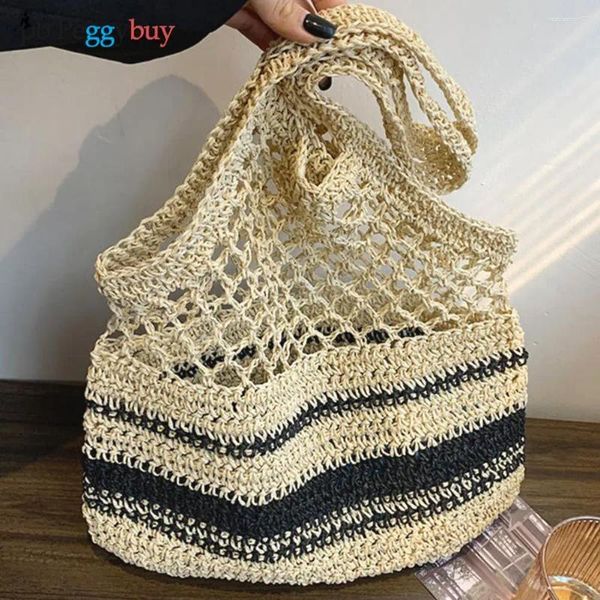 Sacos de noite Senhoras Handmade Tecido Tote Verão Palha Praia Casual Cor Sólida Top-Alça Grande Capacidade Oco Out Axila