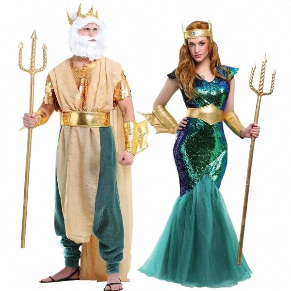 Seksi Çift Neptün Deniz Siren Denizkızı Kraliçe Kostüm Erkekler Kral Poseid Kostüm Halen Purim Karnavalı Yetişkinler için Rolplay Dr 57Q1#