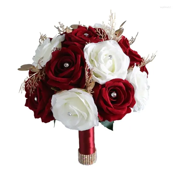 Flores decorativas casamento romântico buquê de flores artificial branco e vinho vermelho rosa pogal adereços para noiva buquês de noiva