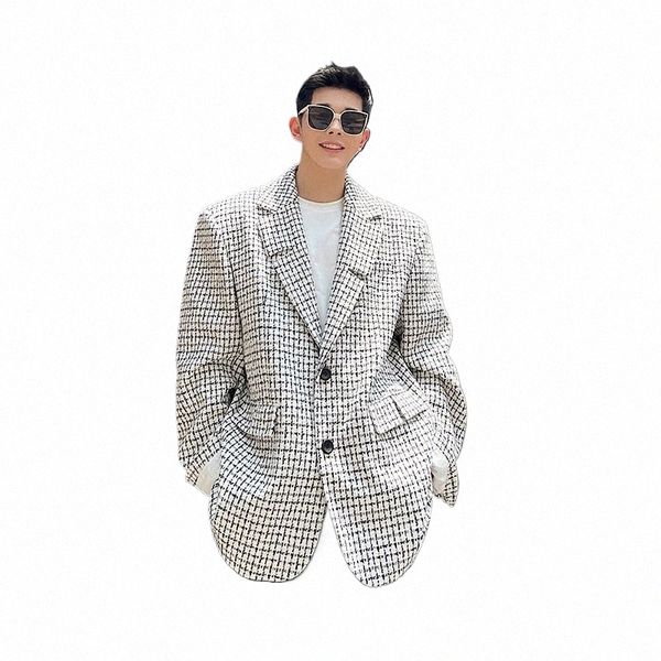 Autunno Inverno uomo Plaid di lana Spalla Pad Oversize Allentato Casual Vintage Suit Blazer Cappotto Maschile Streetwear Fi Giacca 639v #
