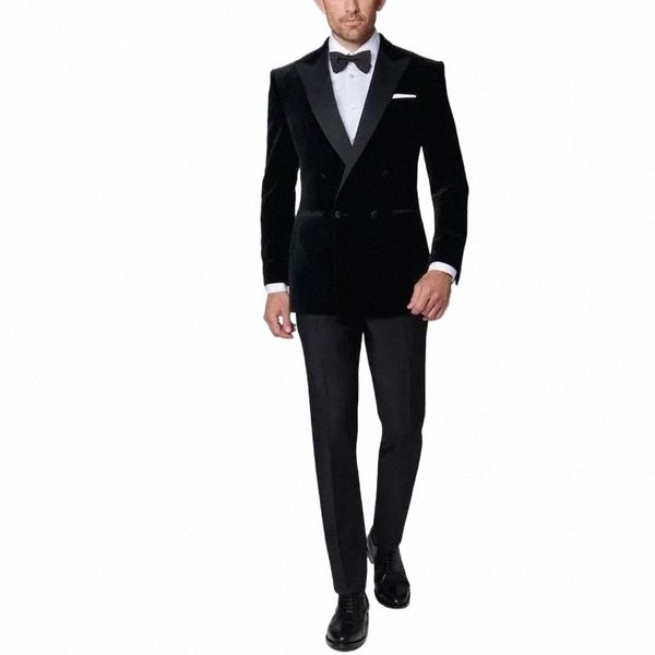 Preto Veet Ternos Masculinos Fi Peak Lapela Double Breasted Outfits Casual Casamento Noivo Smoking 2 Peça Terno Blazer com Calças 13bW #