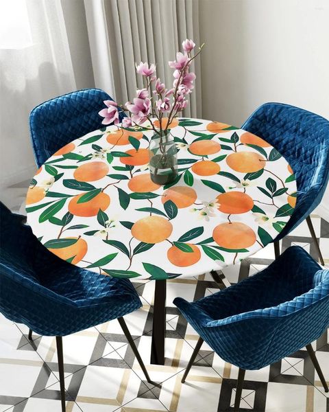 Pano de mesa laranja flores ramos redondo toalha de mesa elástica capa interior ao ar livre à prova dwaterproof água jantar decoração acessório