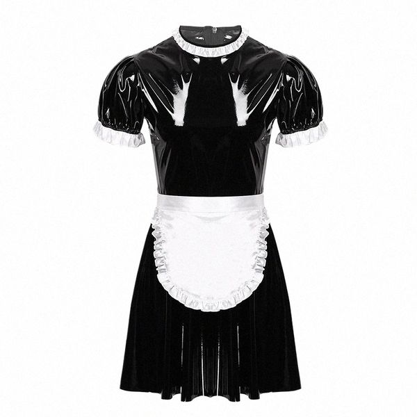 Homens Sissy Maid Traje cjunto molhado olhar patente dress queimado com avental Maid Uniforme masculino Clube Rollenspiel Maid Trajes A0EU#