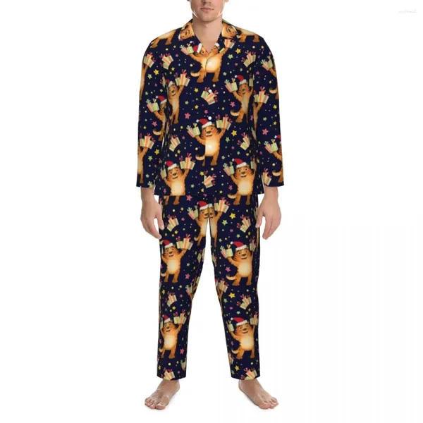 Casa roupas tigre natal padrão pijamas primavera desenhos animados estrelas impressão vintage oversize conjuntos de pijama masculino mangas compridas quarto nightwear