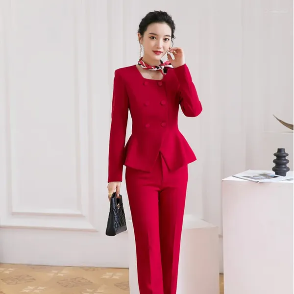 Calças femininas de duas peças moda mulheres ternos de negócios com calça e jaqueta define blazer vermelho senhoras trabalho escritório uniforme estilos pantsuits