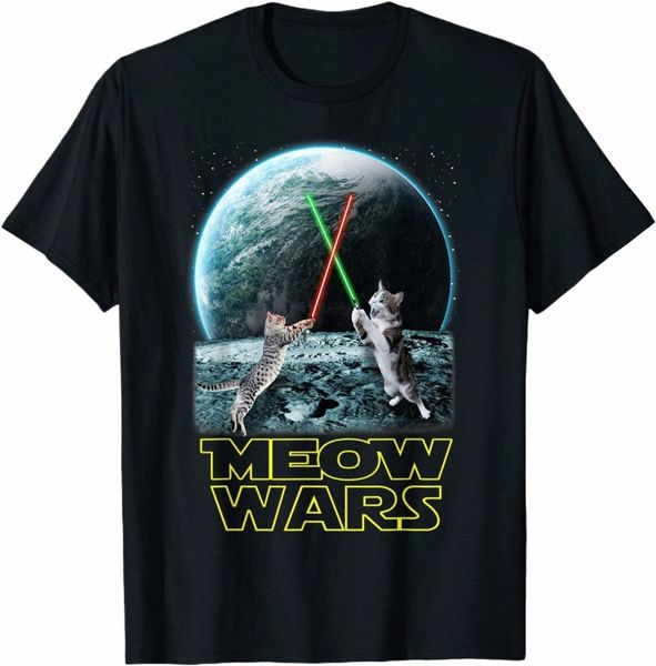 Meow Wars Cat Shirt Забавные подарки для любителей кошек Футболка Футболка Забавная забавная футболка Cott Tops Футболки для мужчин Persalized F1eR #