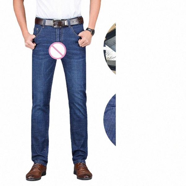 Uomo All'aperto Sesso Con Apertura Sul Cavallo Jeans Erotici Cerniera Nascosta Crotchl Lg Pantaloni Vita Bassa Elastico Coppia Gioco Gay Skinny Pantaloni B8Gj #