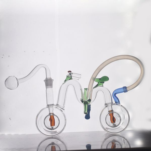 Nuovo arrivo Bruciatore a olio in vetro Bong Narghilè Bubbler Forma di bicicletta con doppia matrice Perc Raccoglitore di cenere in vetro a nido d'ape con tubo per bruciatore a olio maschio da 10 mm Prezzo all'ingrosso