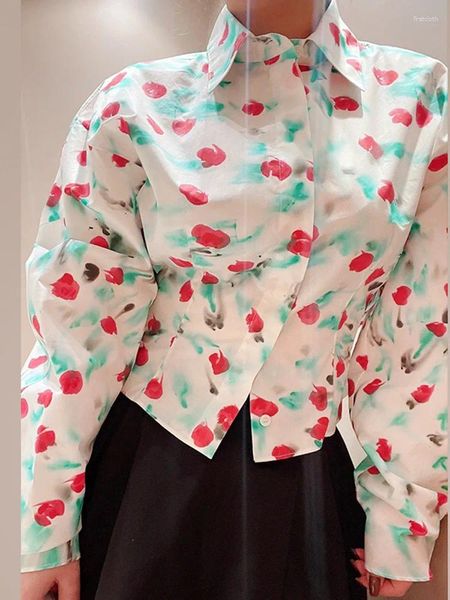 Damenblusen Sommer 2024 Baumwolle Frauen Umlegekragen Bluse Blumendruck Lässig Plissee Fledermausärmel Dame Covered Button Shirt