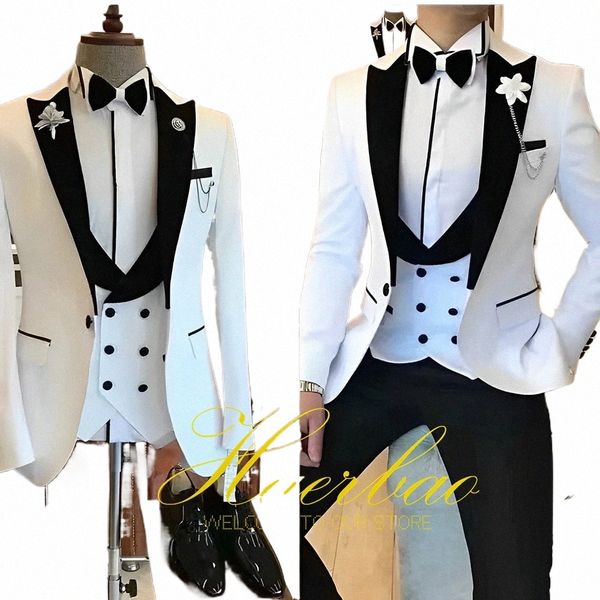 Homens brancos Ternos 3 Peça Slim Fit Noivo Smoking para Padrinhos de Casamento Estilo Italiano Terno Jaqueta com Calças Colete Double Breasted M9ku #