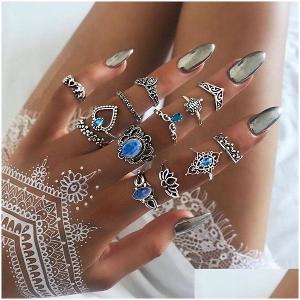 Cluster Ringe Mode Schnitzen Antike Silber Midi Set Für Frauen Schildkröte Krone Herz Lotus Knuckle Finger Weibliche Böhmische Schmuck Geschenk Drop Dhoih