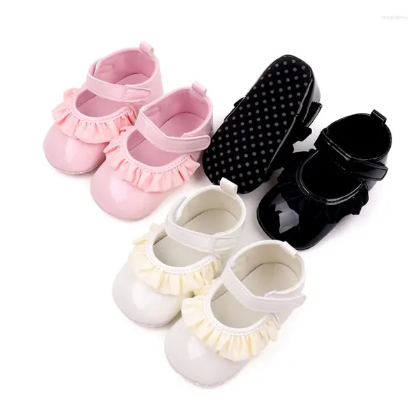 Обувь Мэри Джейн для первых ходунков для маленьких девочек, обувь принцессы из искусственной кожи с рюшами на плоской подошве, повседневная прогулочная обувь для новорожденных и малышей