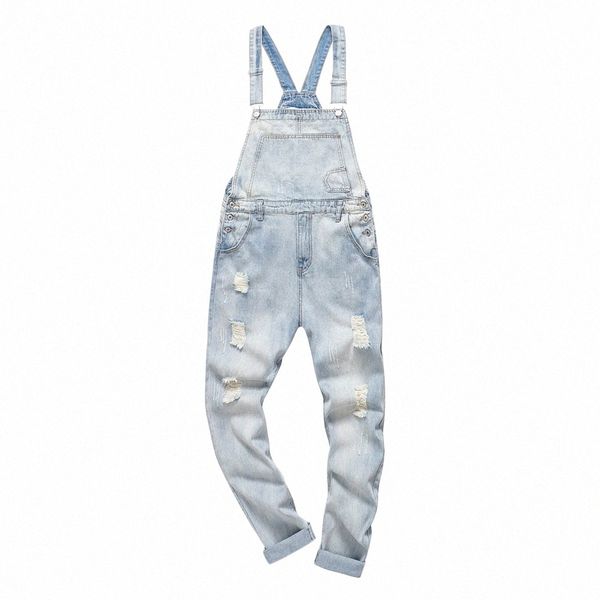 Masculino Light Blue Snow Wed rasgado Denim Bib Macacões Plus Big Size Buracos Distred Macacões Macacões Jeans q0EB #