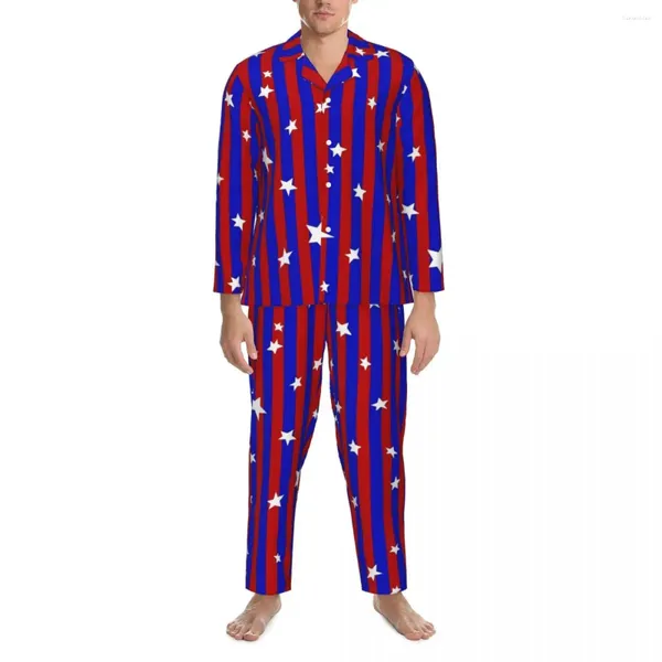 Casa roupas estrelas e listrado conjuntos de pijama vermelho azul romântico pijamas casal manga longa casual diário duas peças terno tamanho grande 2xl