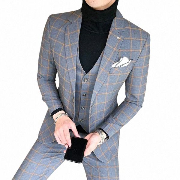 giacca e gilet e pantaloni / Boutique Fi Plaid uomo casual Busin Suit 3 pezzi Set sposo matrimonio Dr Performance Costume j9YR #