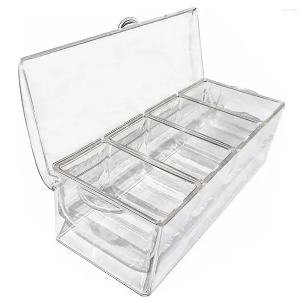 Garrafas de armazenamento Transparente Spice Box Outdoor Picnic Food Container com tampa Ice Clip Colher 4 compartimentos removíveis para manter o frescor