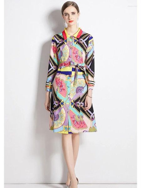 Повседневные платья 2024, винтажный осенний плащ для подиума, женская модная цепочка с веером, однобортное длинное элегантное пальто с этническим принтом и поясом
