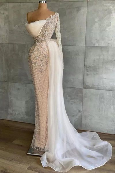 Partykleider Rosa Perlen Pailletten Sexy Abendkleid Arabisch Dubai One Shoulder Illusion Prom Anlass Kleider Meerjungfrau Formale Hochzeitsrobe