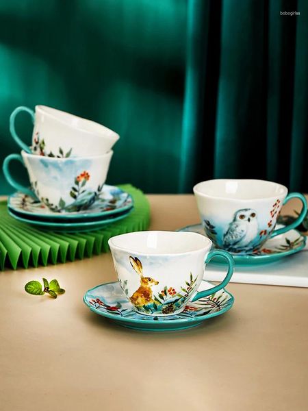 Copos pires cerâmica xícara de café e pires conjunto animal estilo pastoral osso china porcelana chá festa casa drinkware