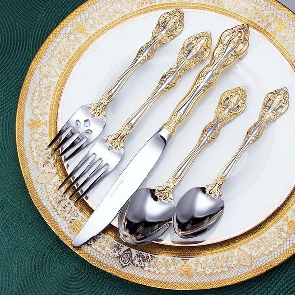Conjunto de utensílios de jantar de 5 peças de 304 garfo de faca de aço inoxidável e colher de talheres de talheres retro banhados a ouro talheres dourados
