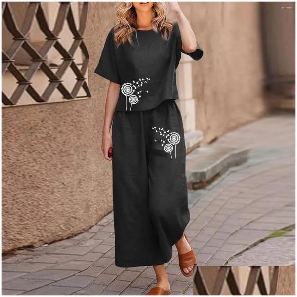 Abbigliamento da palestra Set di lino per donna 2 pezzi da donna in cotone manica corta tailleur pantalone elegante abito da cocktail a righe tuta da ospite Drop Delive Otmux