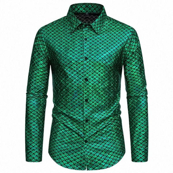 Escamas de peixe verde padrão metálico glitter camisa masculina 2024 marca magro lg manga dr camisas dos homens 70s discoteca roupas 72cw #