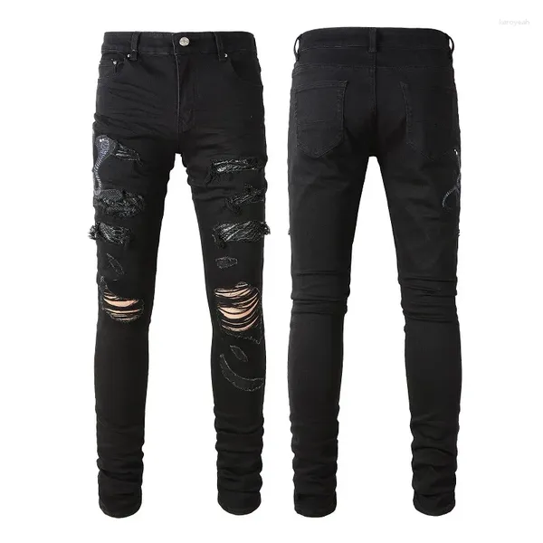 Jeans masculinos cobra bordado elasticidade de alta qualidade cor sólida personalidade denim calças masculinas preto moda homem calças 40