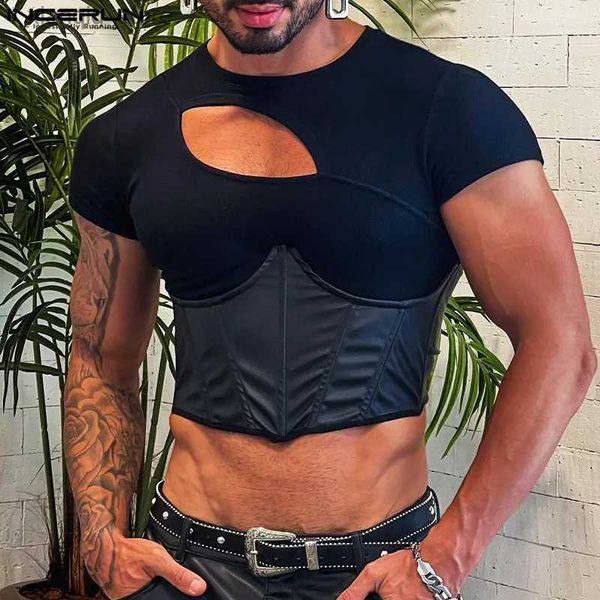 T-shirt da uomo T-shirt da uomo Patchwork in pelle PU Scava fuori O-Collo Manica corta Camisetas Streetwear 2024 Fitness Moda Crop Tops24328