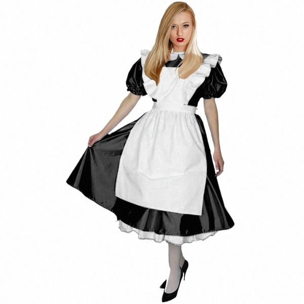 Cosplay Traje Gloosy PVC Couro Peter Pan Collar Francês Maid Dr Lolita Maid Uniformes Midi Dr com Ruffles Branco Apr W3Mj #