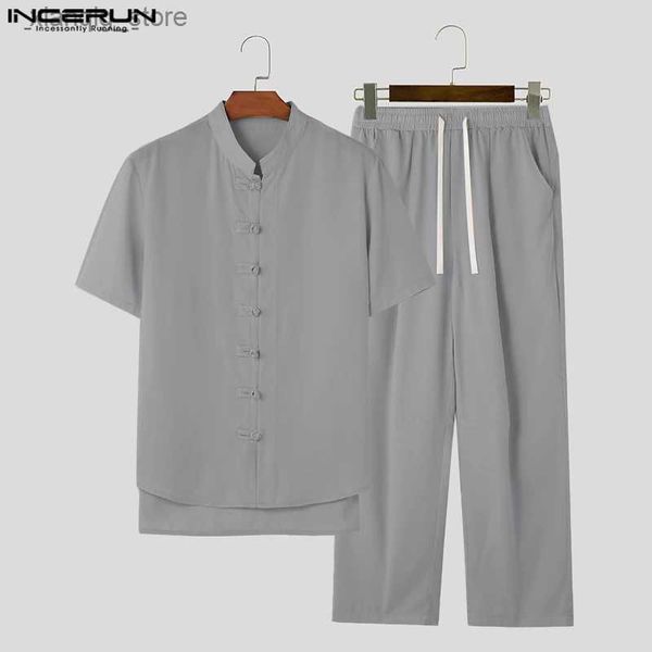 Homens camisetas 2023 homens define sólido vintage gola de manga curta camisa calças 2 pcs retro estilo chinês mens ternos casuais S-5XL24328
