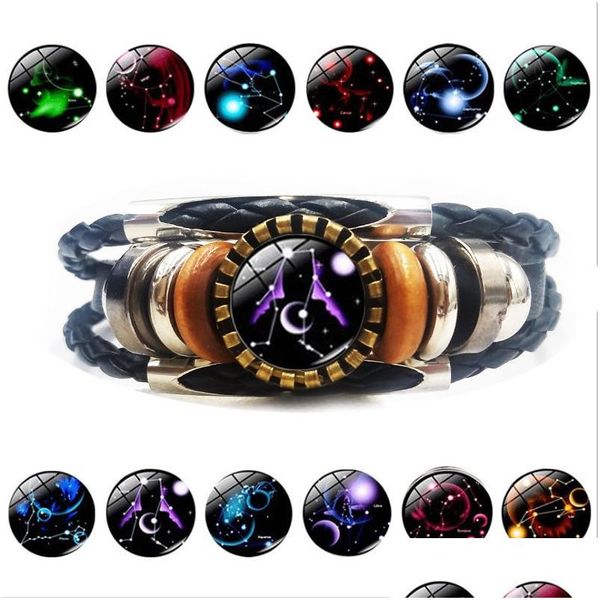 Charm Armbänder Neueste 12 Sternzeichen Armband für Frauen Männer Vintage Horoskop Hobby MTI Layered Leder Wrap Armreif Modeschmuck DHT84