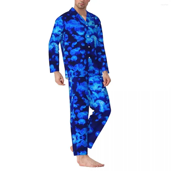 Casa roupas geléias pijamas homens enxame de medusas romântico sleepwear outono 2 peças casual oversize conjunto impresso