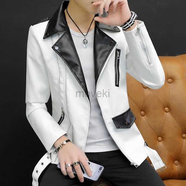 Мужская кожаная искусственная кожа, новый дизайн, мотоциклетная куртка-бомбер с кожаным ремнем, мужская осенняя куртка с отложным воротником, облегающая мужская кожаная куртка, пальто 240330