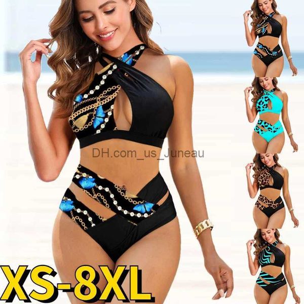 Costumi da bagno da donna 2022 New Ummer Moda donna Stampa leopardata Due pezzi Costume da bagno a vita alta Costume da bagno femminile Costume da bikini sexy Allentato Abbigliamento da spiaggia T240328