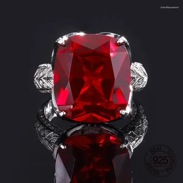 Cluster Anéis Casamento Banquete Noivado CZ Jóias Grande 14x16mm Red Ruby Gemstone 925 Anel de Prata para Mulheres