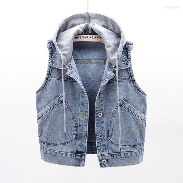 Kadın Yelekler Vintage Mavi Kısa Büyük Cep Kapşonlu Denim Yelek Kadın Yaz Yelek Kolsuz Ceket Artı Boyut Gevşek Kot Kadın 5xl