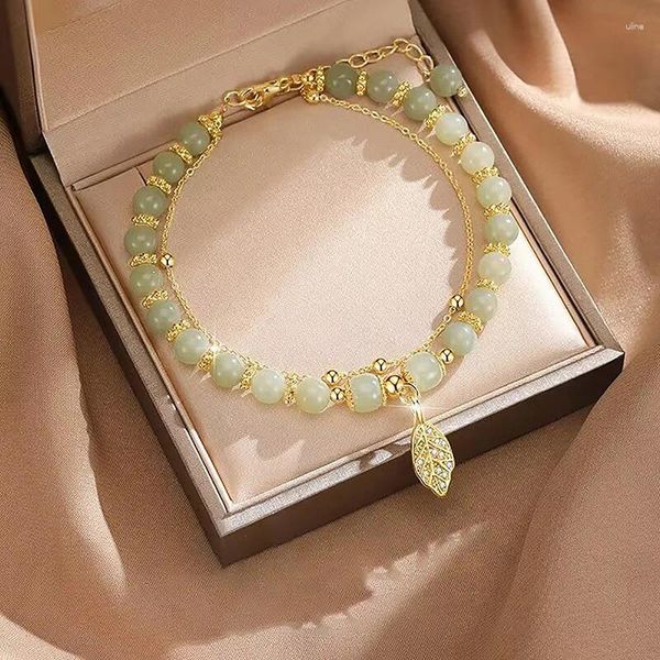 Link Armbänder Zubehör Für Frauen Imitation Jade Perlen Armband Blätter Doppel Schicht Kette Mädchen Hochzeit Schmuck Geschenk