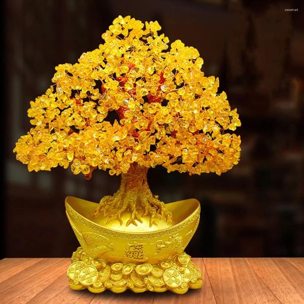 Flores decorativas decoração para casa citrino macrocarpa bonsai árvore estilo chinês adorno dinheiro ornamento estátua de cristal