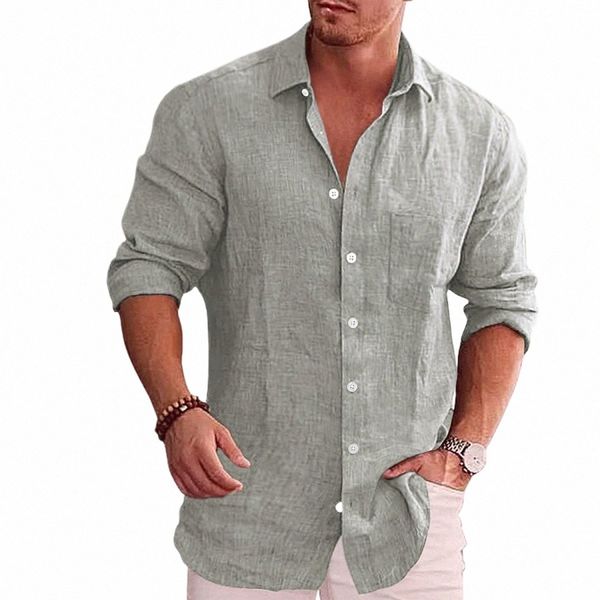 Camisa masculina solta sólida linho polo gola lg camisa coreana fi busin camisas sociais para homens blusa r8w8 #