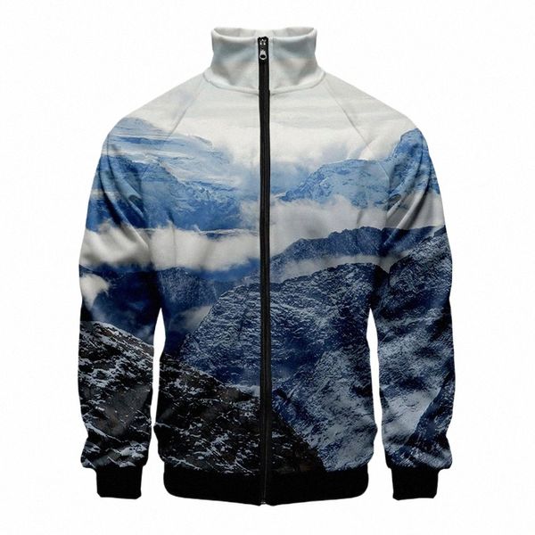 Schnee Berg Landschaft Jacke Stehkragen Kleidung Männer Junge 3D Kleidung Reißverschluss Jacke Männer Sportswear Tops Baseball Uniform W2ya #