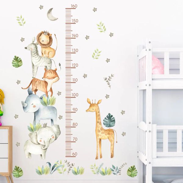 Adesivos de parede para medida de altura, animais da selva, para crianças, meninos, meninas, decoração de quarto de bebê, gráfico de crescimento, papel de parede de vinil