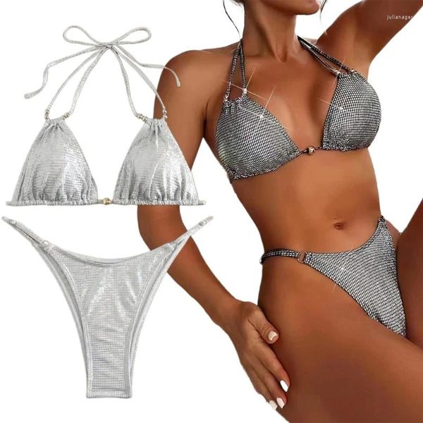 Damen-Bademode, funkelnder Badeanzug für Damen, Neckholder-Bikini, String-Oberteil, verstellbare seitliche Unterseite, zweiteiliger Badeanzug